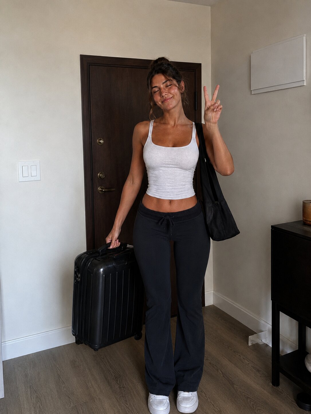 A smiling woman confidently carrying a suitcase