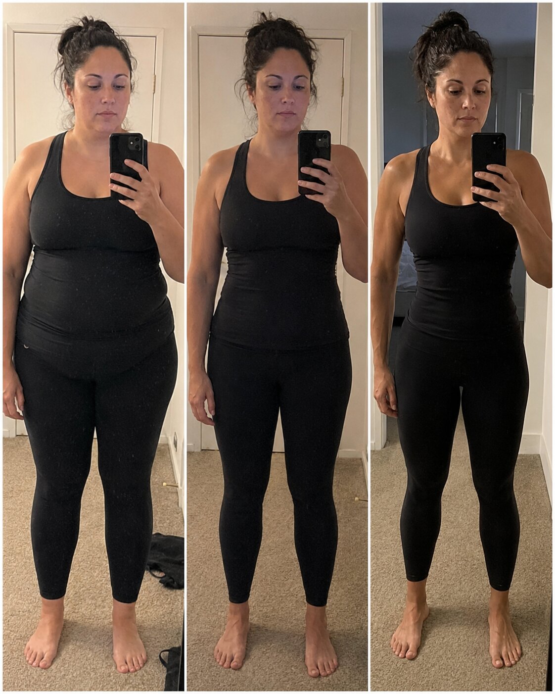 Three stages showing a woman before GLP-1 weight loss, after weight loss alone, and after combining weight loss with resistance training